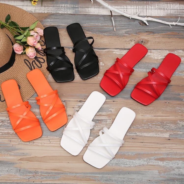 Amazon Candy Color Lace-Up Flat Slippers Square Toe Flip-Flops Plus Size Casual Sandals 2024 New Beach Shoes for Women