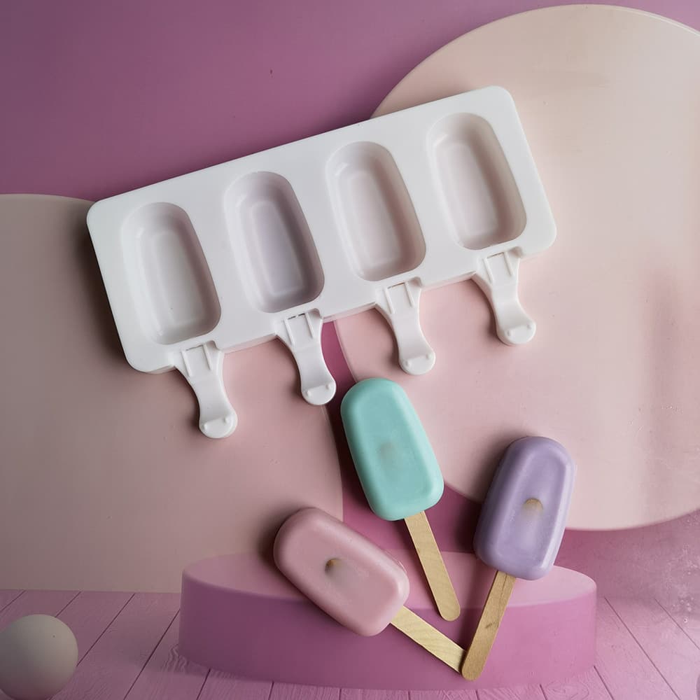 Silicone Ice Cream Mold DIY Dessert Popsicle Baking Mold Ice Tray 4-Compartment Oval Small 482