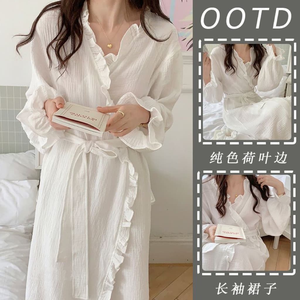 Women's Simple Long-Sleeved Nightgown for Spring and Autumn, New Sweet Ins Style Ruffled Thin Solid Color Pajamas Home Wear Fashion