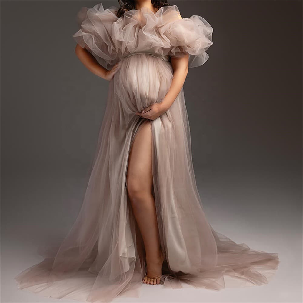 Cross-Border Maternity Photo Tulle Dress Off-Shoulder Split Belly Evening Gown Black Pink