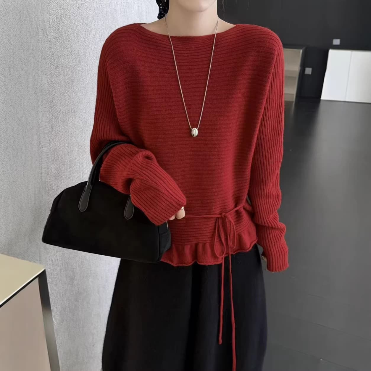 Korean-style High-end Autumn/Winter New Ruffle Sweater for Women, Waist-tied Loose Fit Slimming Casual Knit Top