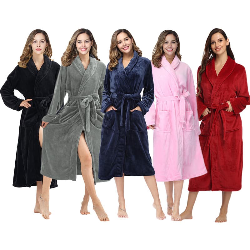 Cross-Border Lapel Solid Color Bathrobe, Autumn and Winter Thickened Long Large Size Flannel Printed Loungewear for Women