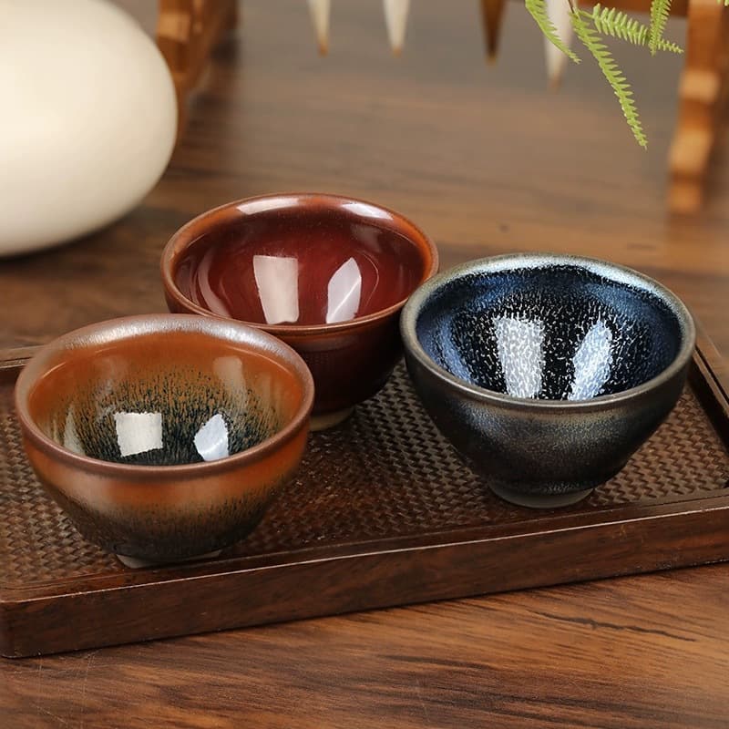 Jian Kiln Tea Cup Set for Tea Tasting, Handmade Three-Piece Set, Blue Kirin Classic Hare's Fur Red Hair Wood Grain Tenmoku Cup