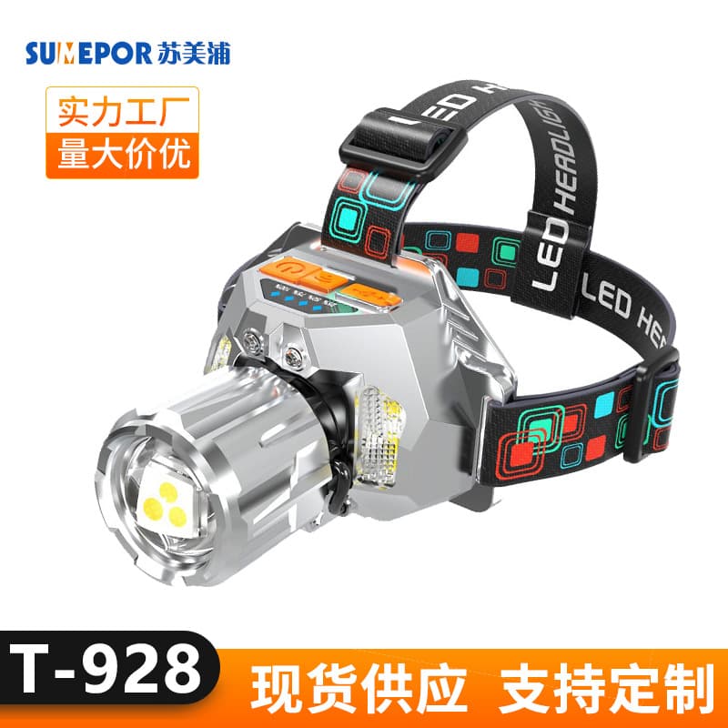 New LED strong light headlamp red yellow blue white three-light source outdoor night fishing long-range flashlight ultra-bright head-mounted miner's lamp