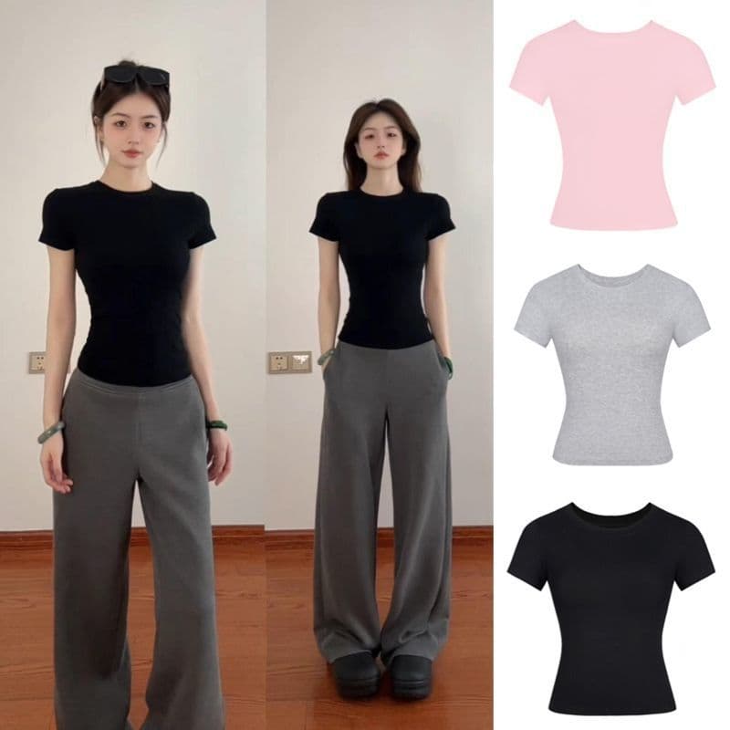 Navy Blue Regular Shoulder Slim Fit Short Sleeve T-Shirt for Women Summer New Tight Waist-Training Slimming Fitness Sports Base Top
