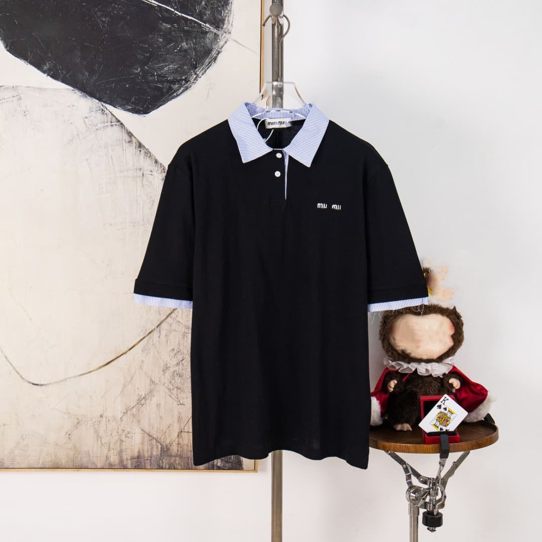 Nanyou High-End Original Label MIU Miu Embroidered Letter Stripe Spread Collar Patchwork Polo Shirt Short Sleeve T-Shirt for Men and Women