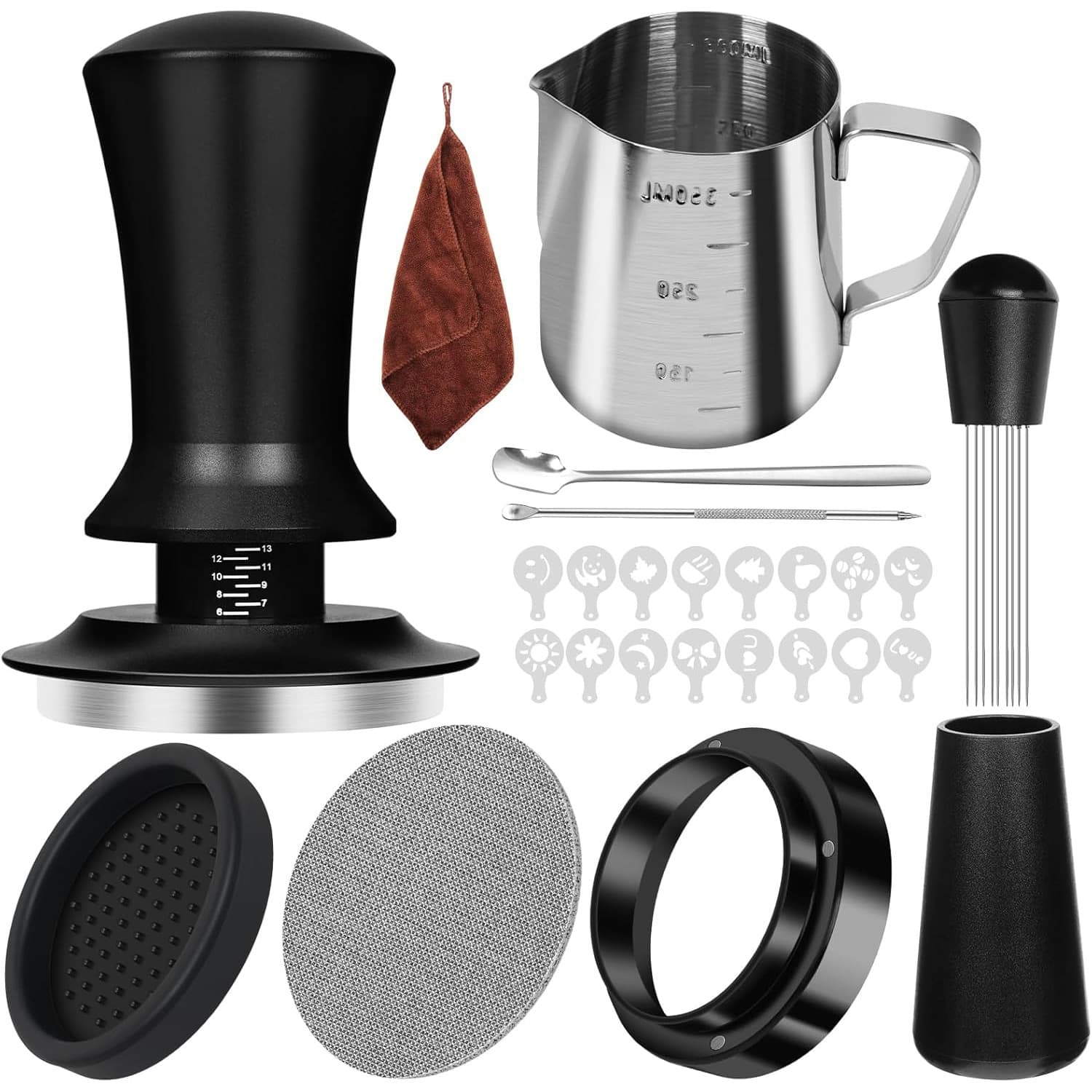 Espresso Machine Accessories: Filter Basket, Latte Art Cup, Tamper Mat, Tamper, Milk Frother – Complete Coffee Machine Kit
