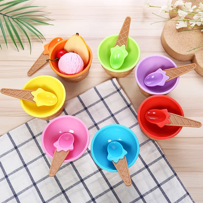 Cute Ice Cream Bowl Set Round Plastic Bowls Creative Kids Tableware Cartoon Double Layer Factory Wholesale