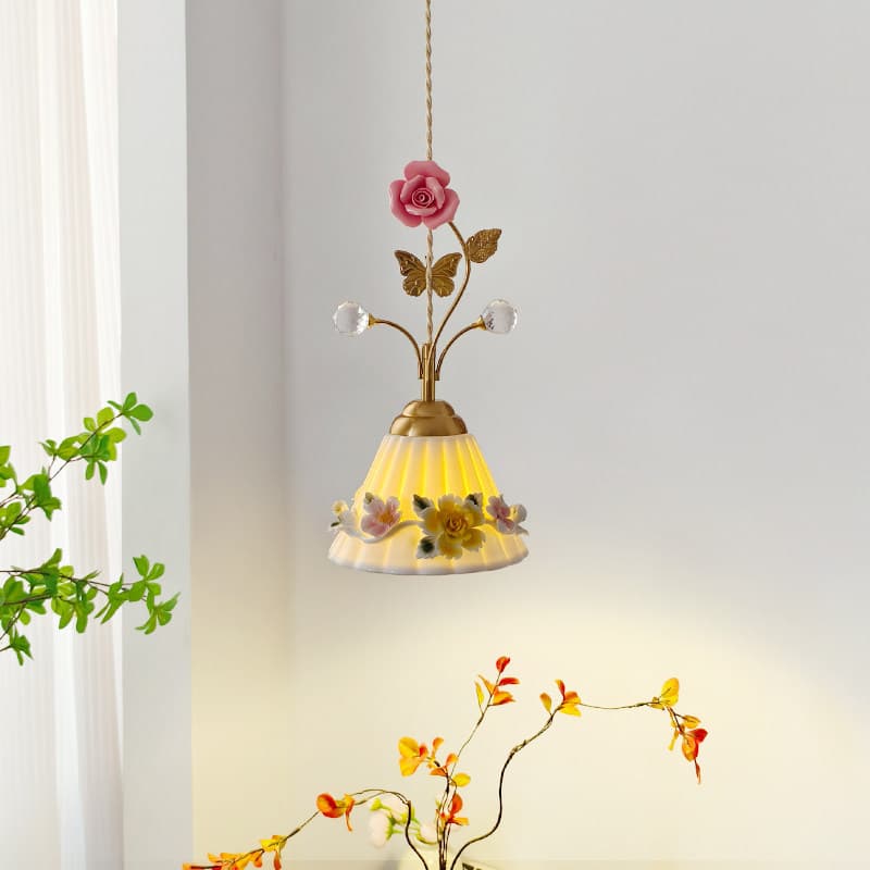 French pastoral bedside chandelier medieval study entrance rose flower creative glass atmosphere lamp retro restaurant lamp