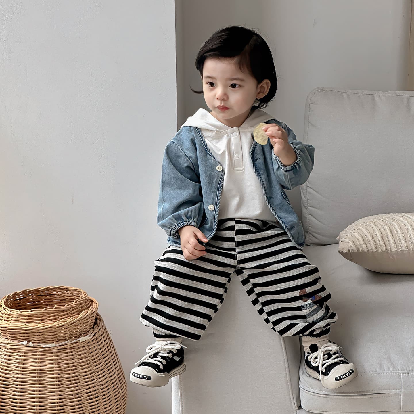 Dianxi 2026 Fall New Arrival Infant Korean Style 3-Piece Baby Denim Jacket Hooded Sweatshirt and Pants Set