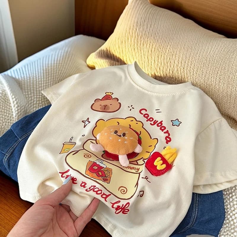 [3D Plush Toy] T-Shirt Short Sleeve Baby Summer Parent-Child Top Boys Pure Cotton Cool Handsome Boy Summer Clothes T Trendy