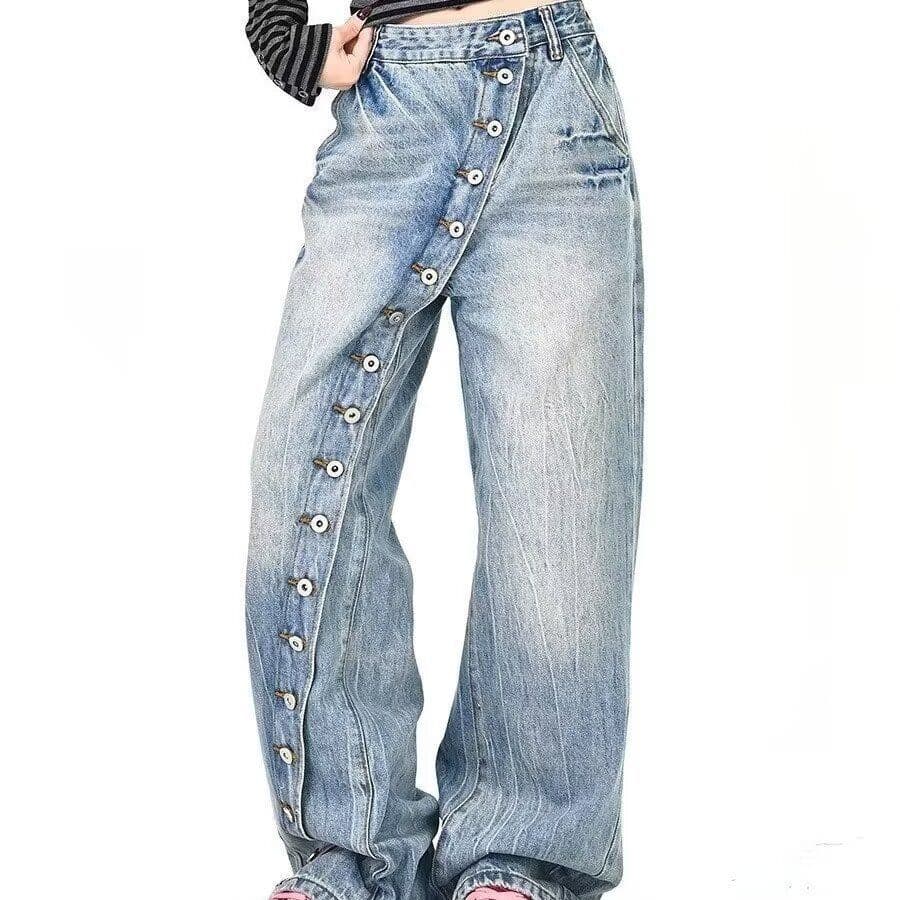 American Vintage Washed Button-Fly Straight-Leg Jeans for Women, Designer Wide-Leg Loose Fit, Ins Style