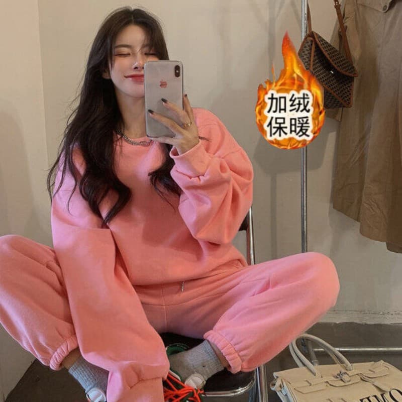 Thick velvet casual fashion sports suit for women autumn and winter new loose style sweatshirt and trousers two-piece set