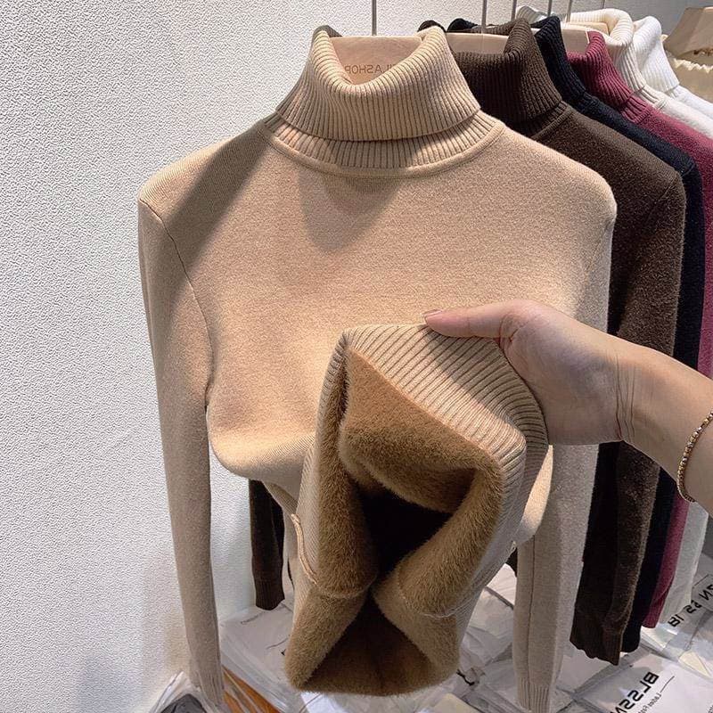 Turtleneck sweater for women with velvet and thickening 2025 autumn and winter new style all-in-one velvet inner top knitted bottoming sweater for women winter thick