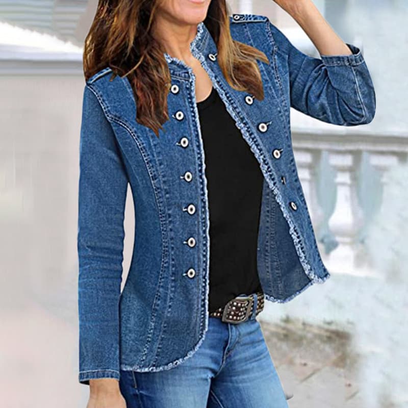 American-Style Short Denim Blazer with Whiskered Finish, Single-Breasted, Lightweight, Versatile for Spring and Autumn, Long-Sleeve, Slim-Fit Women's Jacket