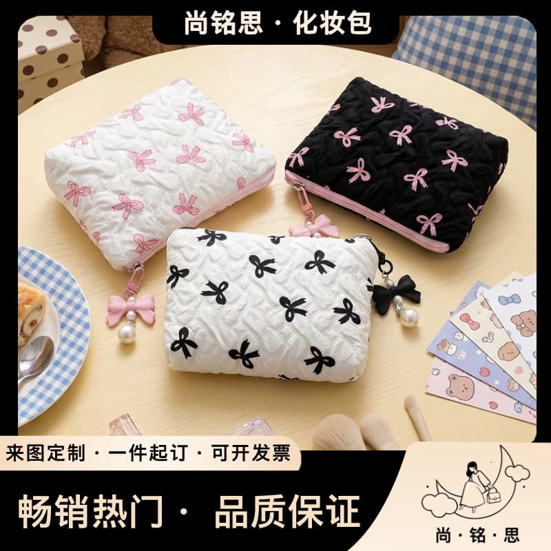 Bow Cosmetic Bag Large Capacity Portable Toiletry Bag Cute Handbag Makeup Organizer Coin Purse
