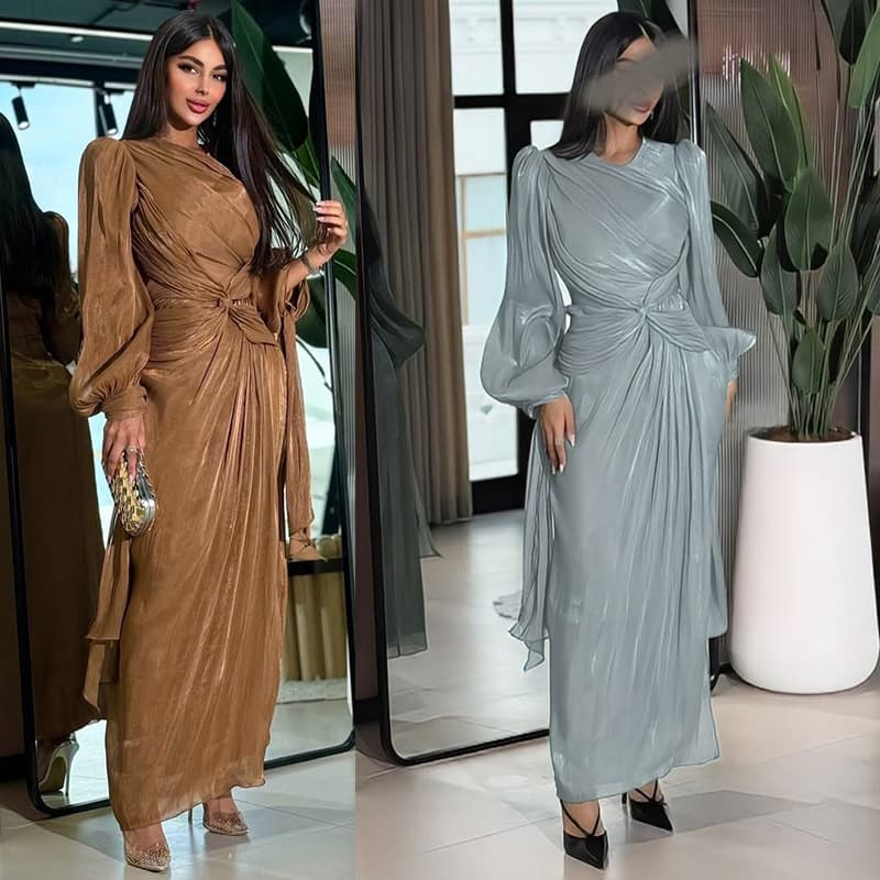 MQ176 Long Dress with Shiny Fabric, Puff Sleeves, and Waist-Cinching Casual Dress