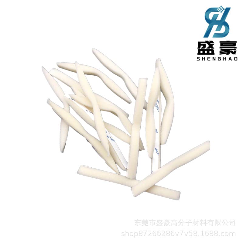 White sponge strip for nose bridge of face mask; self-adhesive irregular-shaped sponge strip; self-adhesive sealing sponge strip for nose bridge shaping.