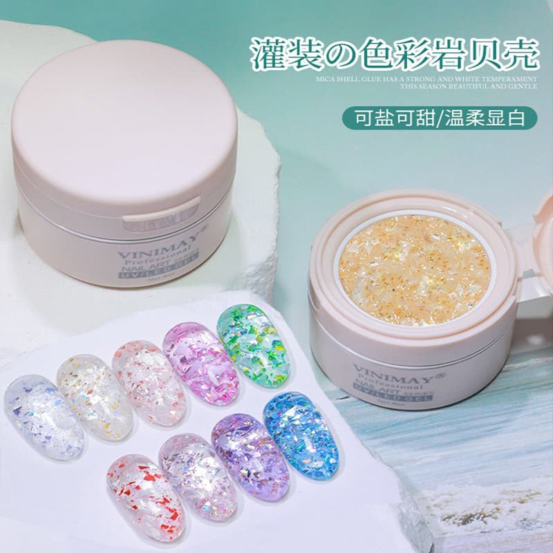 VINIMAY New Mica Shell Gel Bling Nail Polish Gel Jar 2023 Crushed Diamond Glitter for Nail Salons