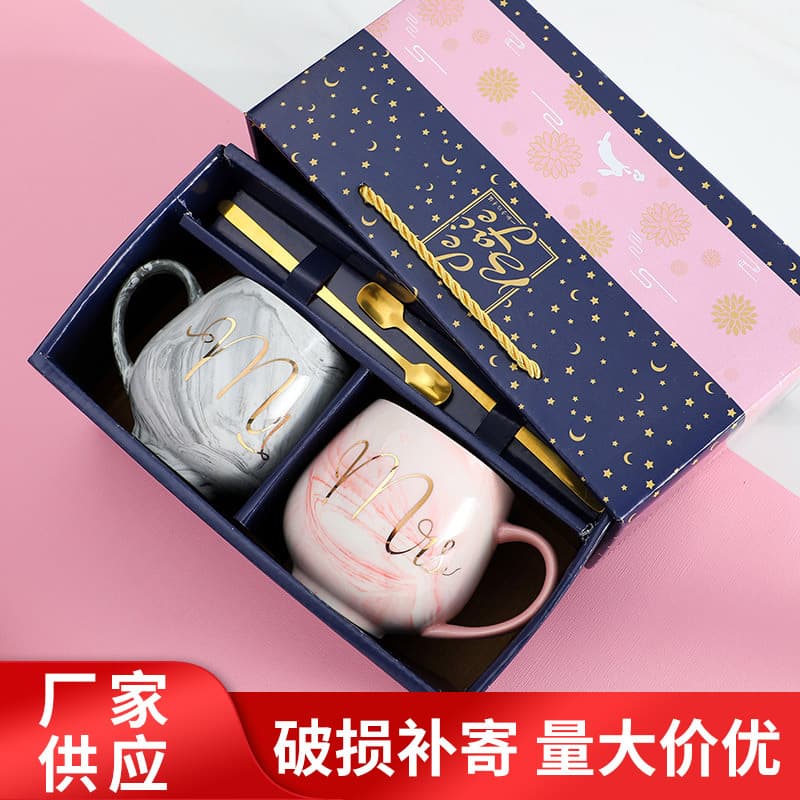 Marble Pattern Ceramic Mugs Couple Matching Cups with Spoon Gift Box Wedding Souvenir Heat Resistant Cartoon Style for All Occasions