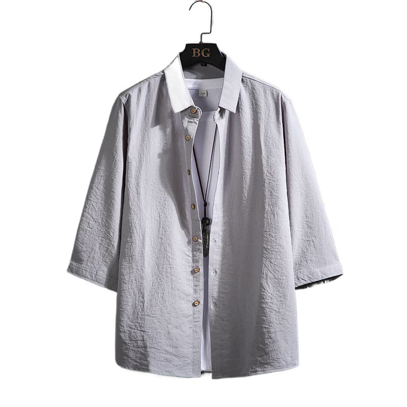 2024 New Foreign Trade Men's Solid Color Short-Sleeve Shirt, Cotton and Linen Seven-Sleeve Shirt, Youth Loose Fit Plus Size Shirt