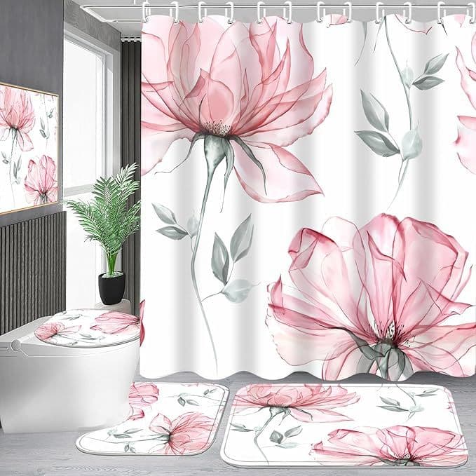New Cross-Border Lotus Plum Blossom Garden Watercolor Ink Painting Art Print Shower Curtain Set Bathroom Decorative Partition Curtain