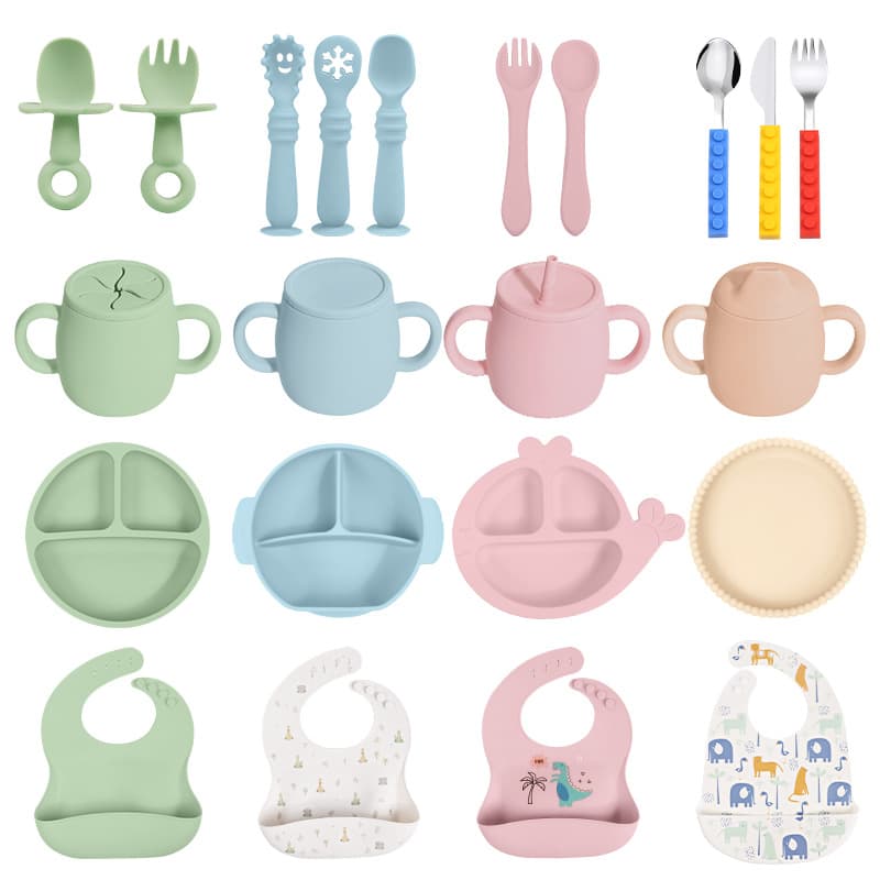 Baby Silicone Feeding Set Suction Plate Fork Spoon Cup Drool Catcher Durable Food Grade Baby Feeding Utensils for Ages 3+
