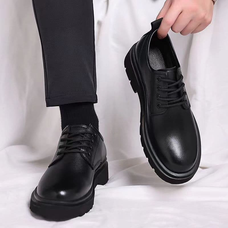 Lace-up Soft Sole Versatile Men's Dress Shoes Black Formal Leather Shoes Non-slip Spring Chunky Toe Business Casual Leather Shoes