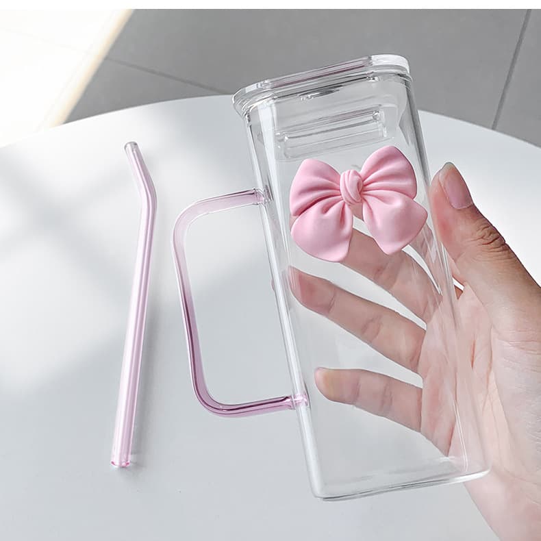 INS style transparent square water cup household simple glass straw cup with handle high temperature resistant coffee milk cup