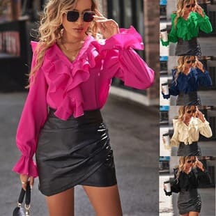 2026 New Fall Women's V-Neck Ruffle Elegant Blouse for Amazon Independent Station Cross-Border