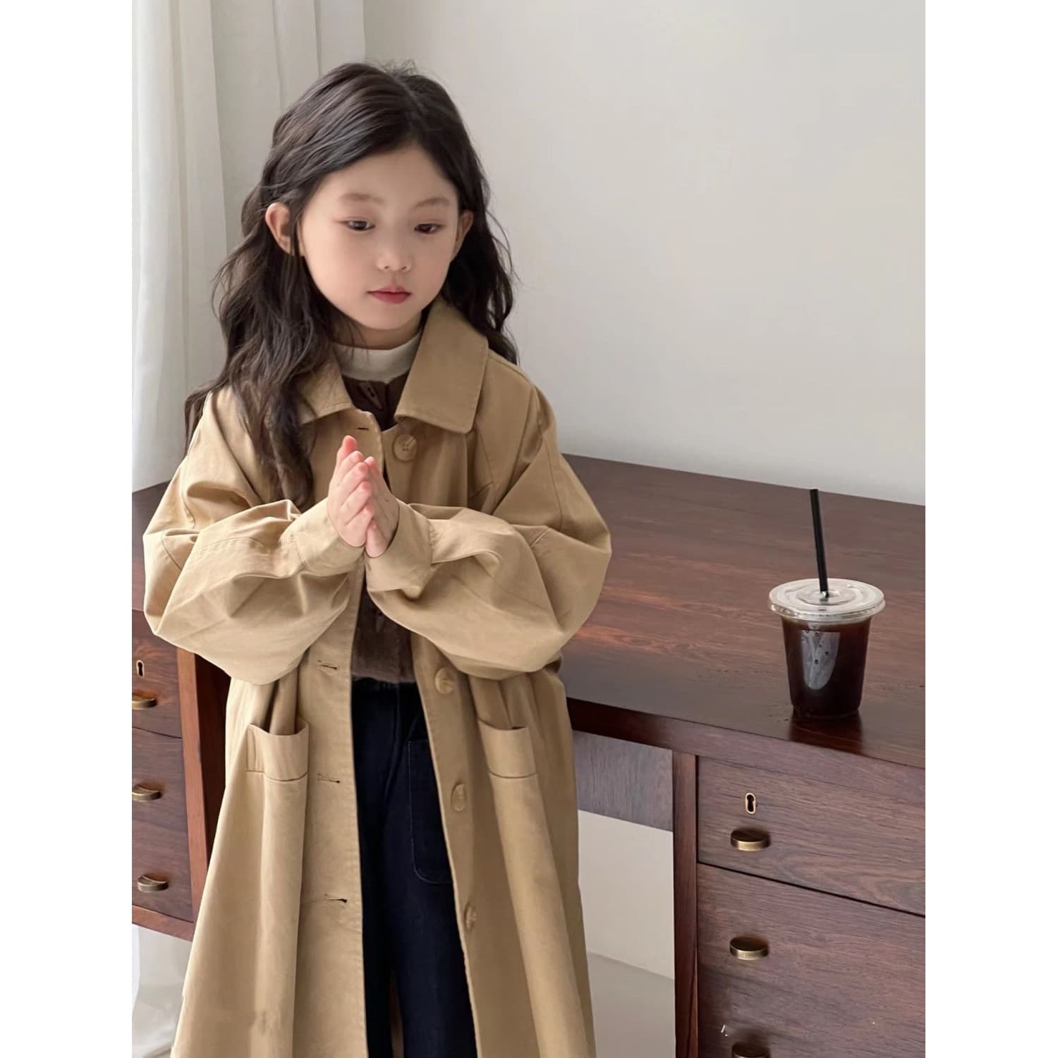 Children's windbreaker girls spring and autumn new style girls' fashionable spring clothes British style long coats for older girls