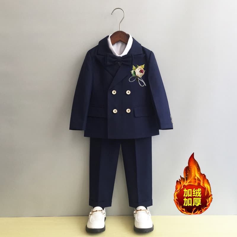 Children's Fleece-Lined Suit for Boys Autumn and Winter Flower Girl Wedding Dress Baby's First Birthday Children's Suit Piano Costume