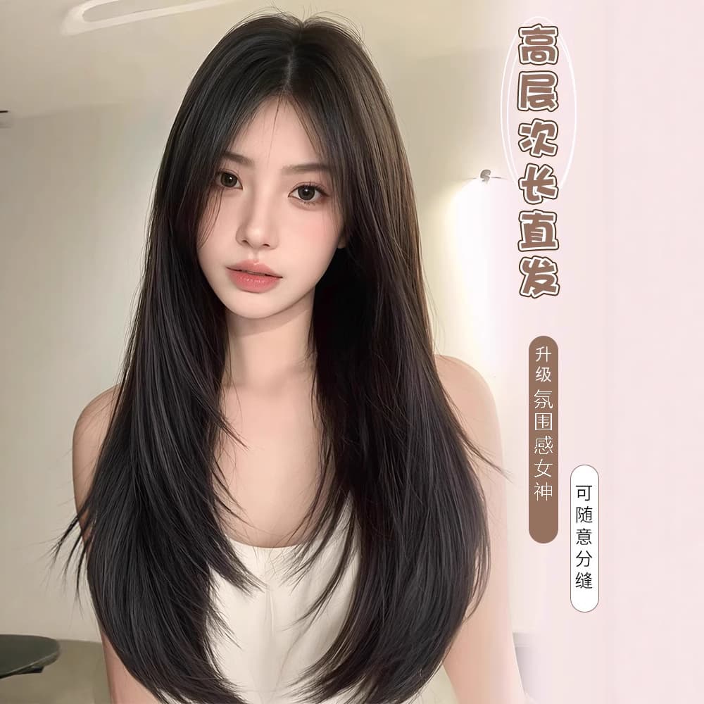 Wig for women with a sense of atmosphere, middle parting, high-level inner buckle, long straight hair, full headband, natural seamless wig