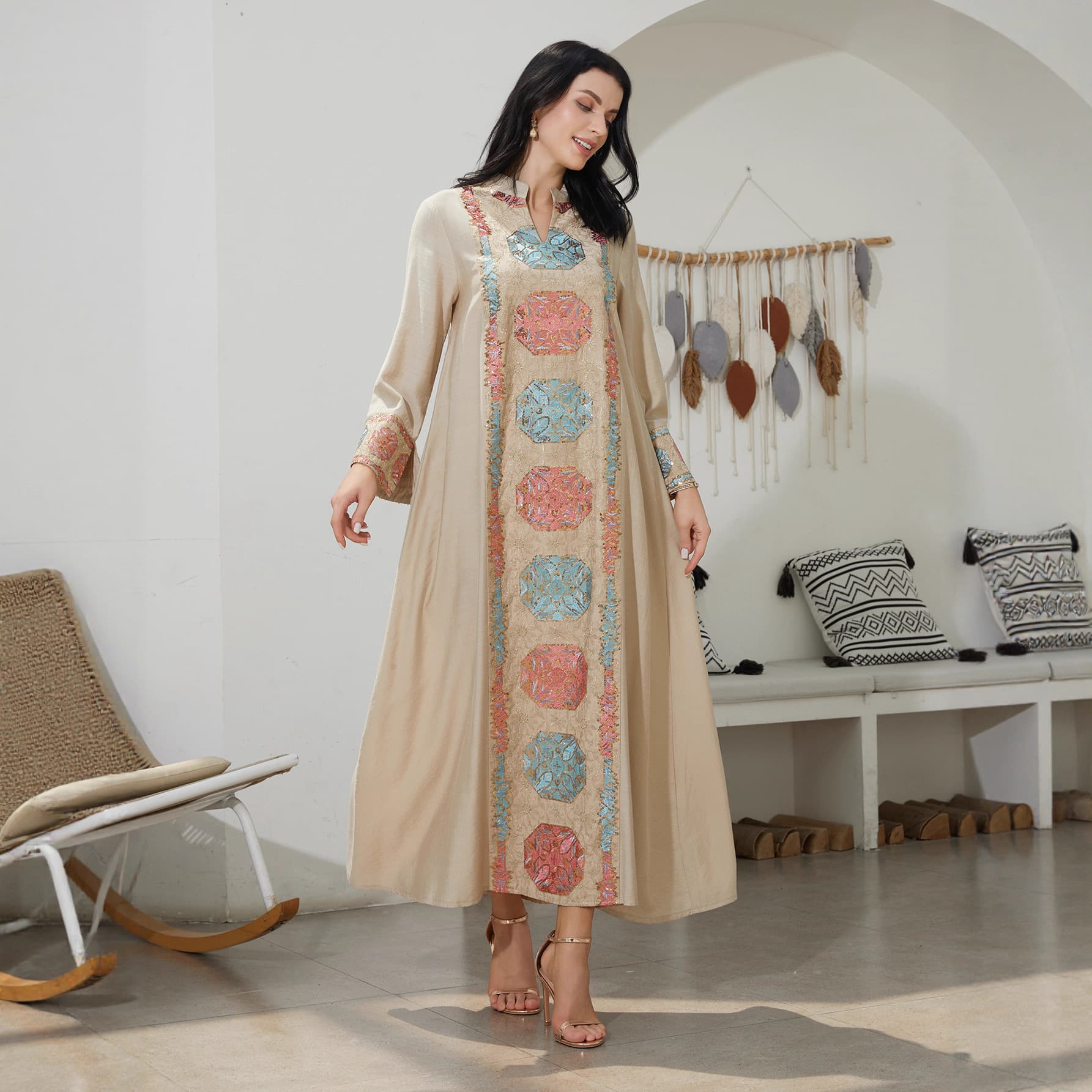 NC70 Cross-Border Trade Style Long Robe Simple Sequins Loose Long Dress Women's Dress