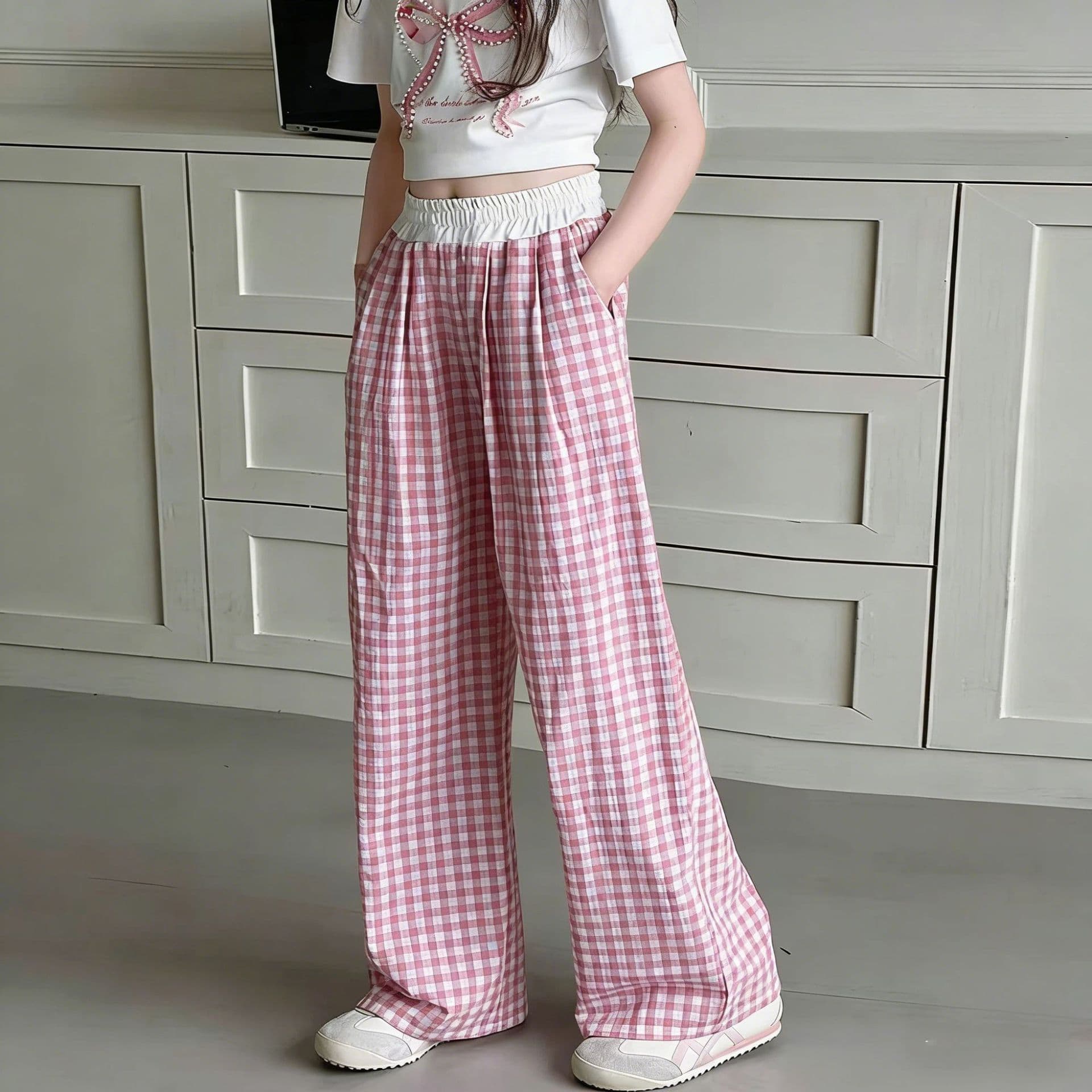 Summer Plaid Girls Straight-Leg Pants Kids Athletic Pants Cotton Checkered Casual Long Pants Baby Loose Wide-Leg Pants