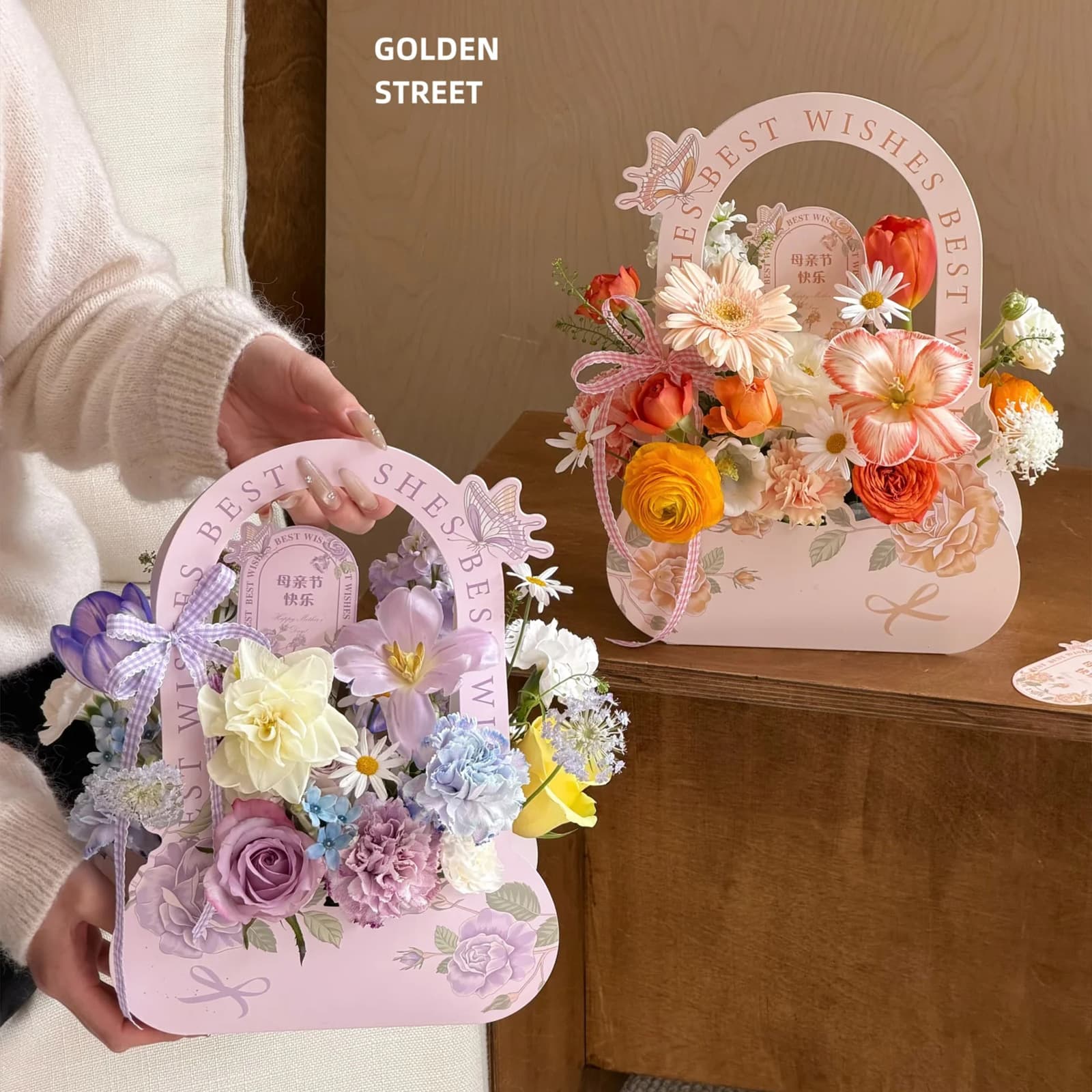Portable Flower Box Bouquet Basket Paper Teacher's Day Fresh Flower Tote Bag Floral Packaging Handheld Flower Bag Cross-border Supply