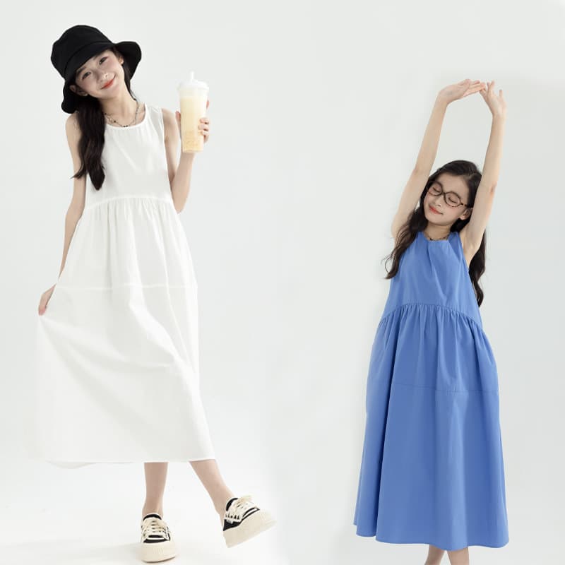 2025 Summer New Middle and Big Girls Vest Dress, Sleeveless Dress for Teenagers, Long Skirt, Korean Style A-Line Dress