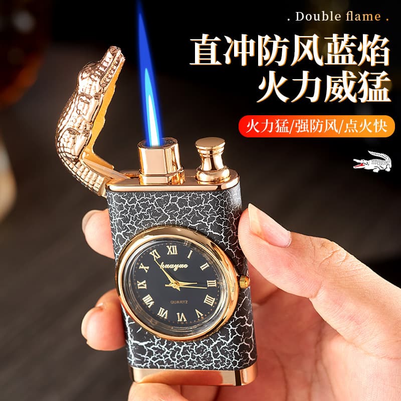 Magic Dual Flame Alligator Lighter Refillable Windproof Open Flame Exquisite Dial with Moving Display Cross-Border Bestseller Wholesale