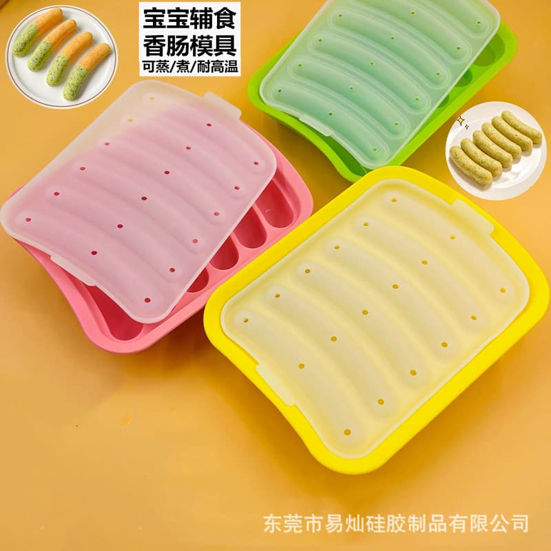 In-Stock 6-Cavity Hot Dog Mold with Lid, Silicone Sausage Container for Kitchen Baking Supplies