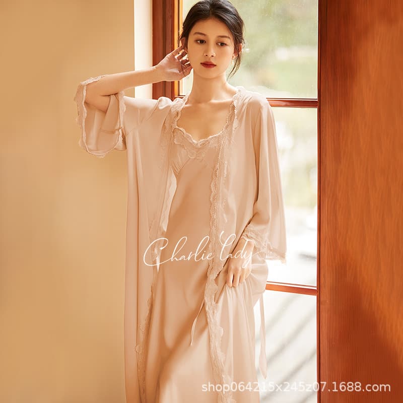 Sexy Women Ice Silk Camisole Nightgown Wedding French Elegant Bride Morning Robe Spring Autumn Lace Pajamas Two-Piece Set