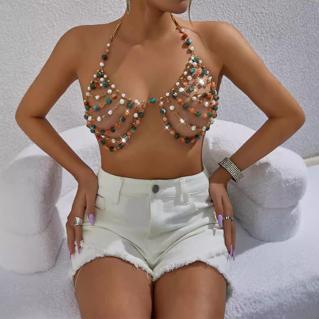 European and American sexy bead chain colorful beads backless camisole shawl body chain bra beach accessories XY23228