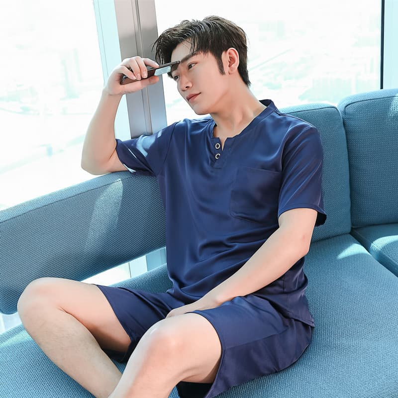 Men's Summer Ice Silk Pajama Set Short Sleeve Shorts Plus Size Wearable Outdoors Homewear