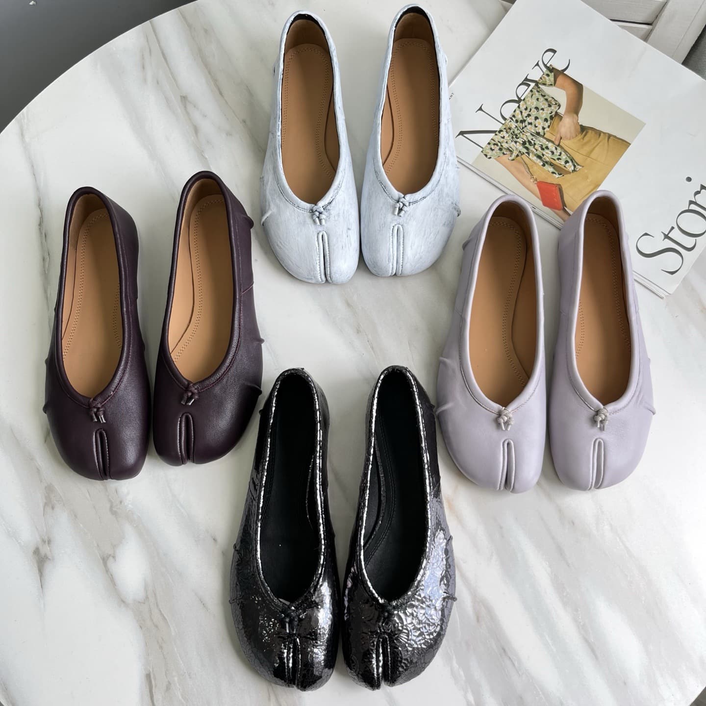 M*M6 Unlabeled Ballet Flats Genuine Leather TABI Split-Toe Shoes Women's Hoof Flat Shallow Mouth Pleated High-End Single Shoes