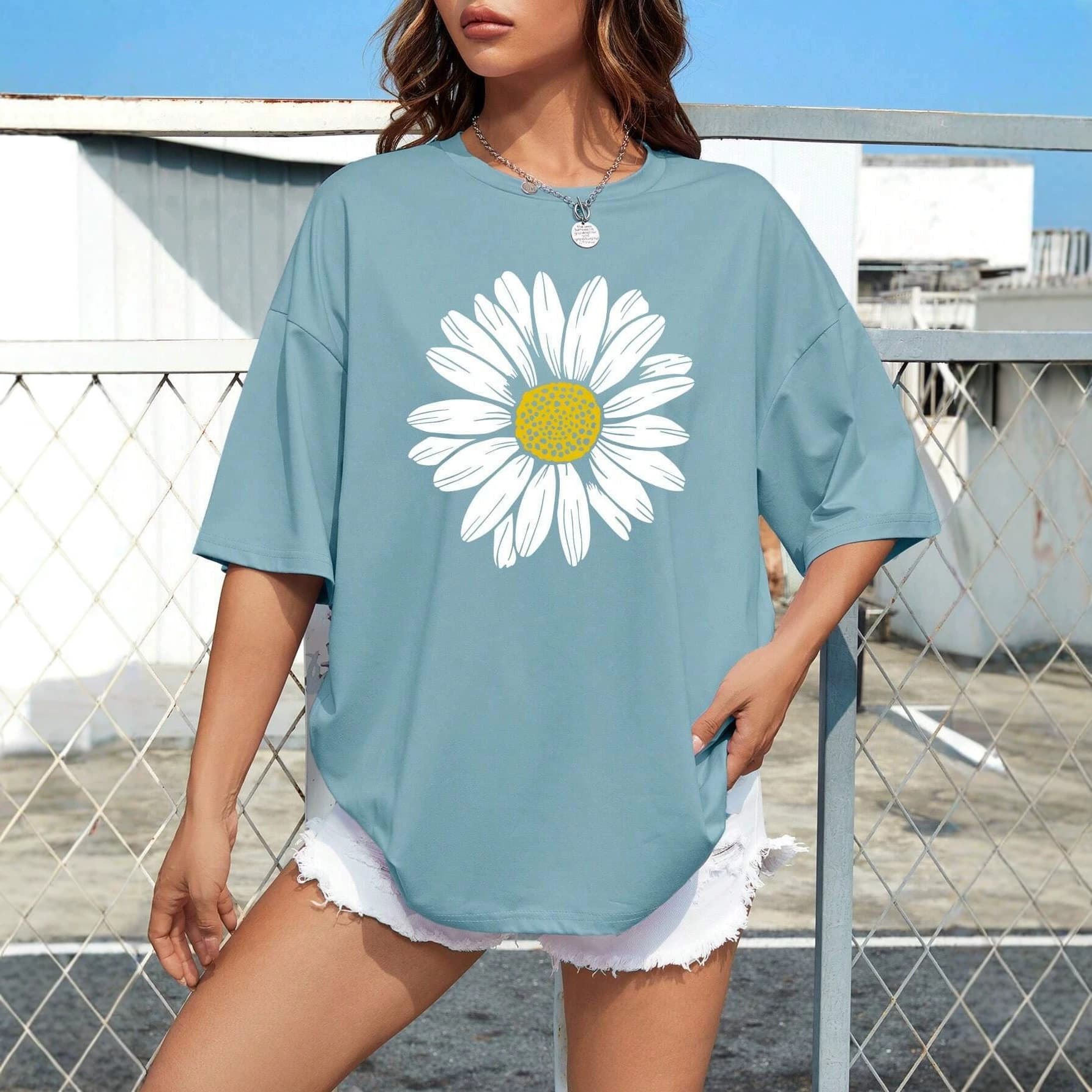 Korean Style Loose Casual Daisy Print Short Sleeve T-Shirt for Women Summer Versatile Crew Neck Top Streetwear Slimming