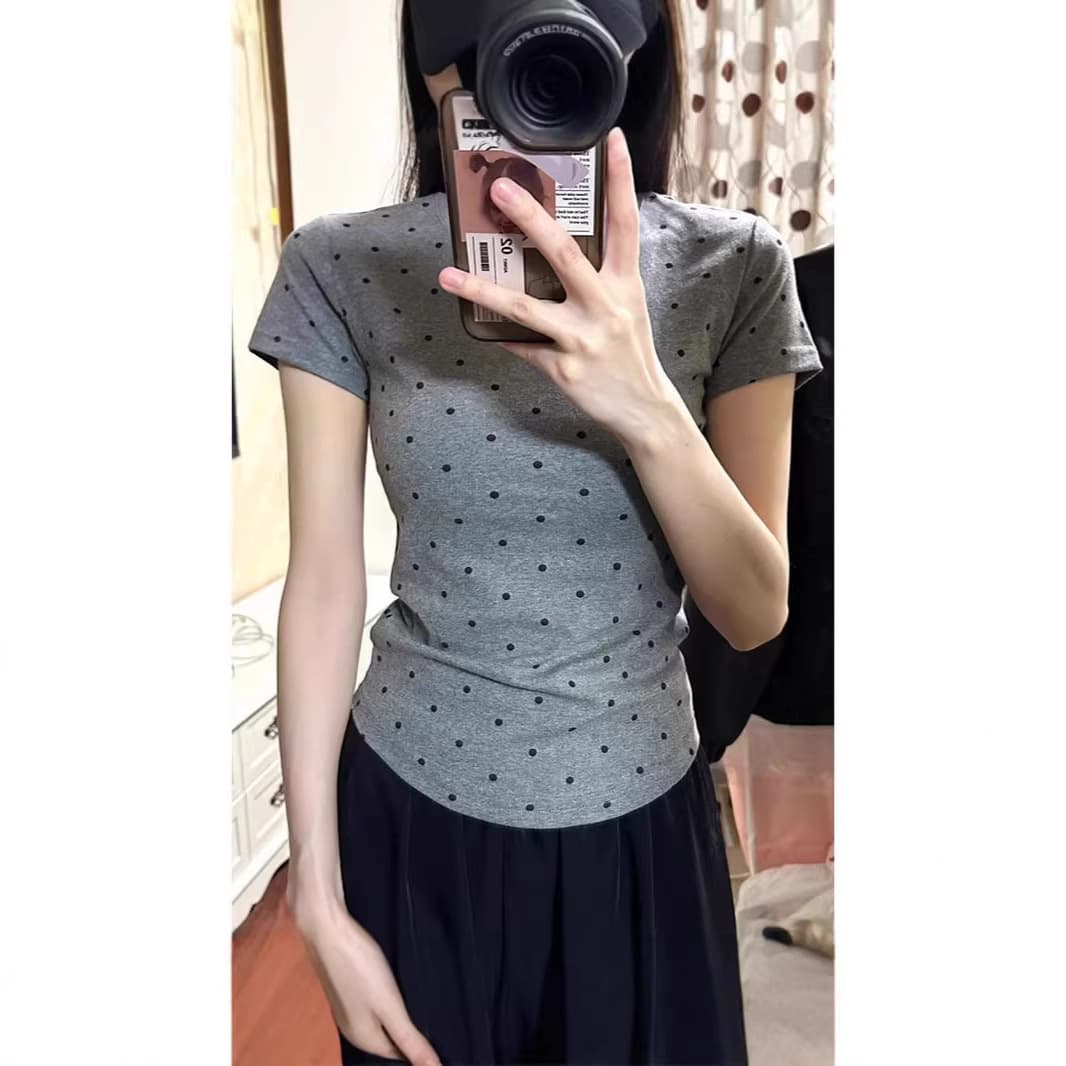 Gray Polka Dot Slim Fit Short Sleeve T-Shirt for Women, Summer Sexy Pure Style Fitted Crop Top