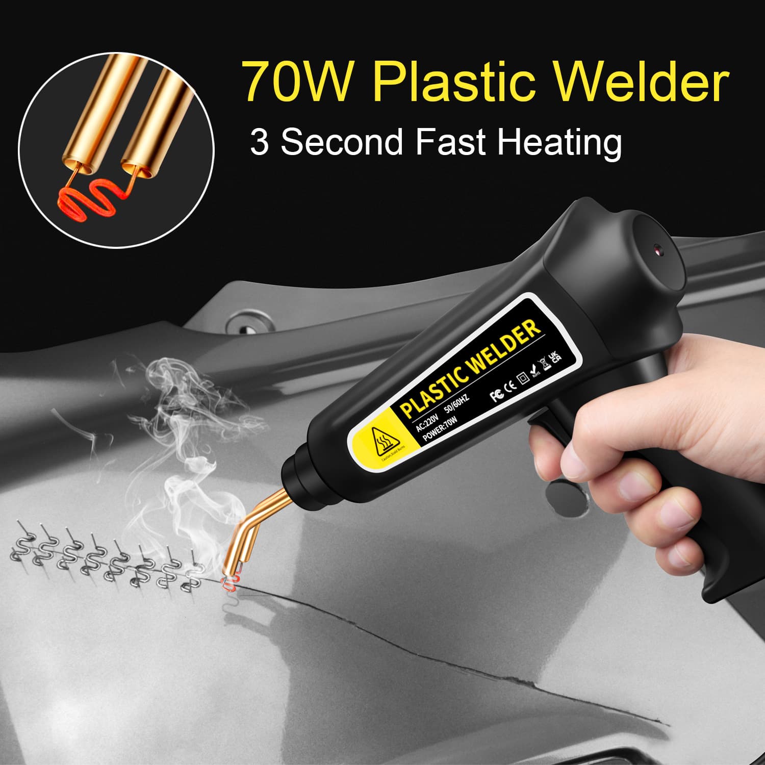 Car bumper repair machine, plastic welding torch, plastic welding machine, plastic bumper repair tool kit