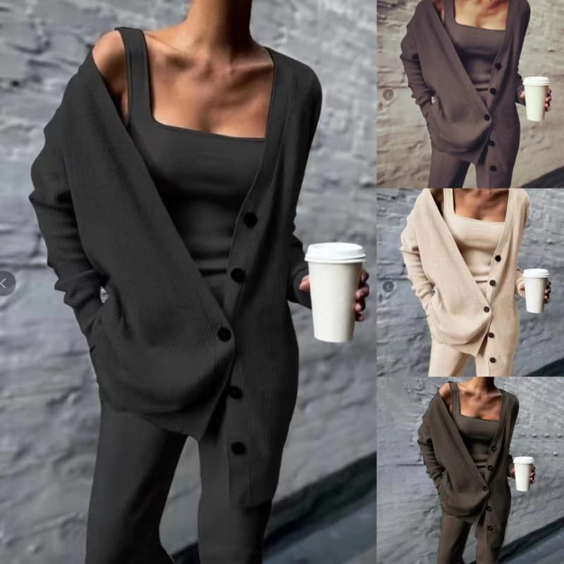 Women's Knitted Three-Piece Set, Spring/Autumn 2022, New Style, European and American Style, Jacket, Vest, and Pants, available on Amazon (cross-border e-commerce platform).