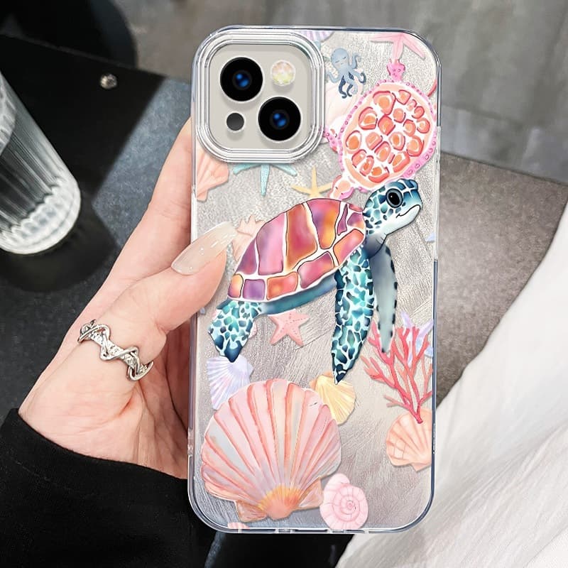 Pink Shell Sea Turtle Phone Case Compatible with 16 Pro Max Apple iPhone 15 Case 14 Unique 13 Feather Texture 12 Large Hole