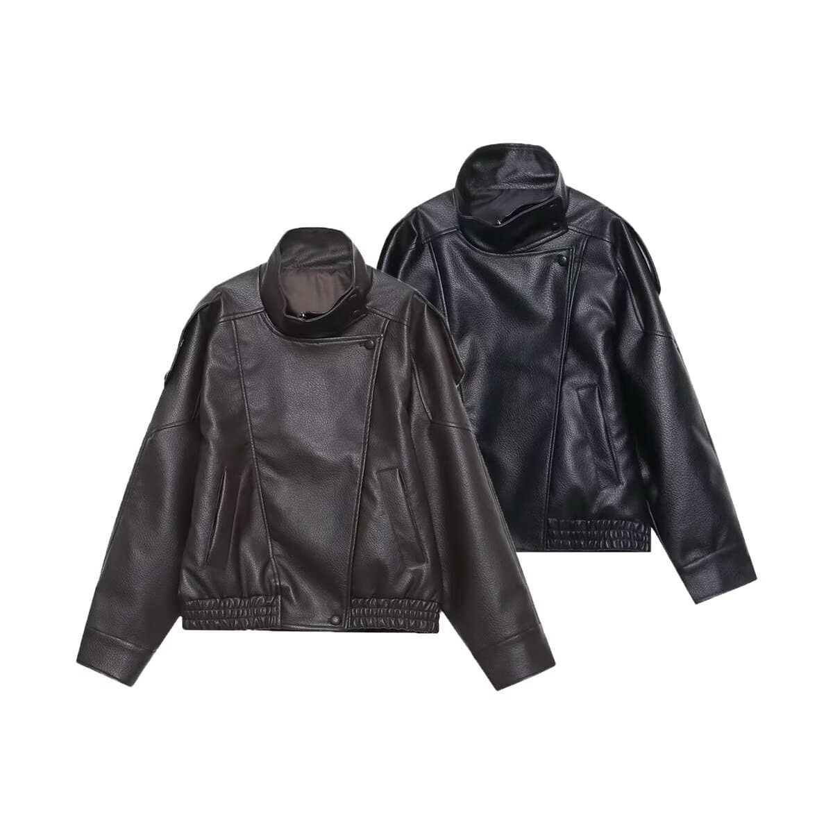TAOP&ZA Women's 2026 Summer New Arrival European and American Style Loose Retro Stand Collar Faux Leather Jacket Coat
