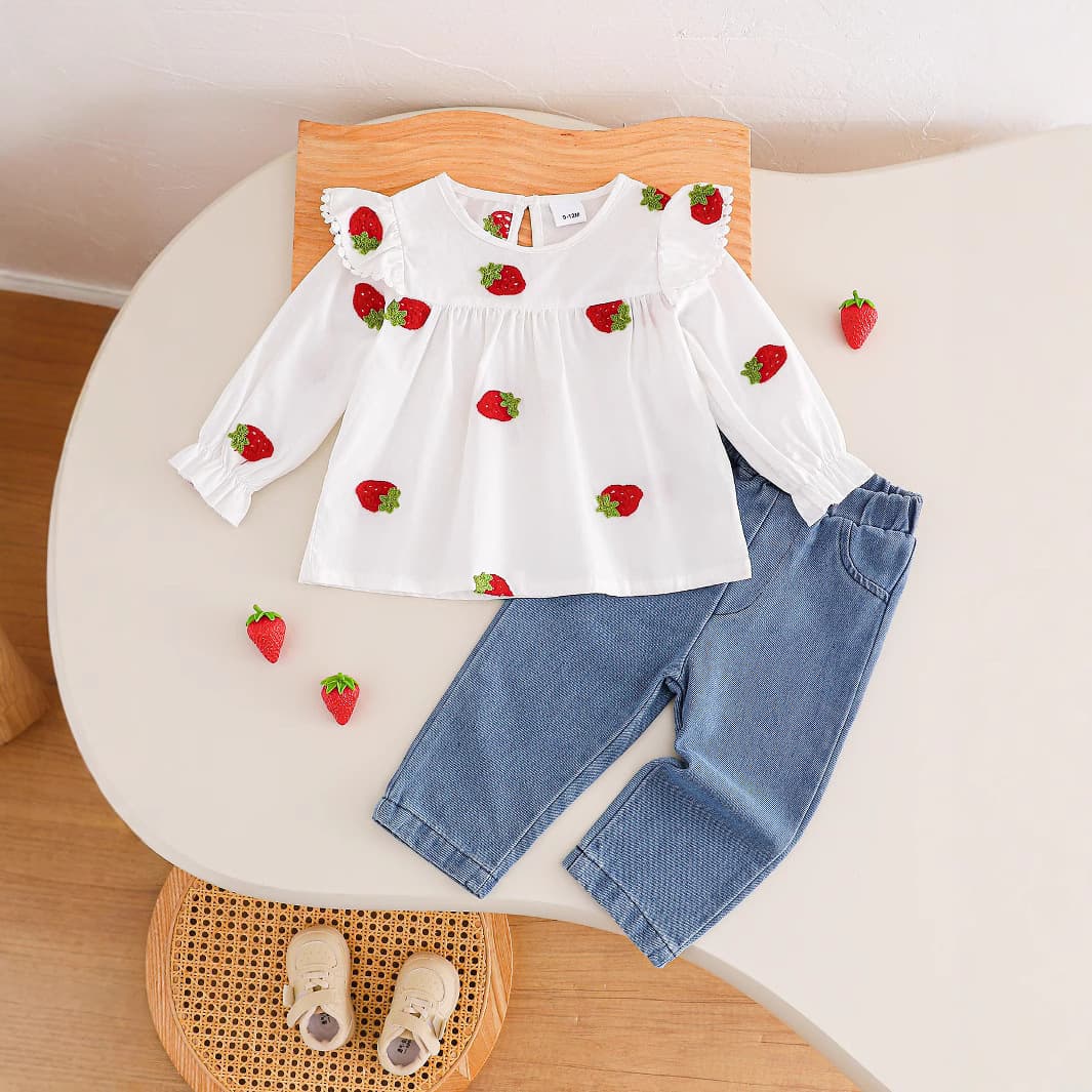 Spring and autumn strawberry print girls' trendy denim pants set